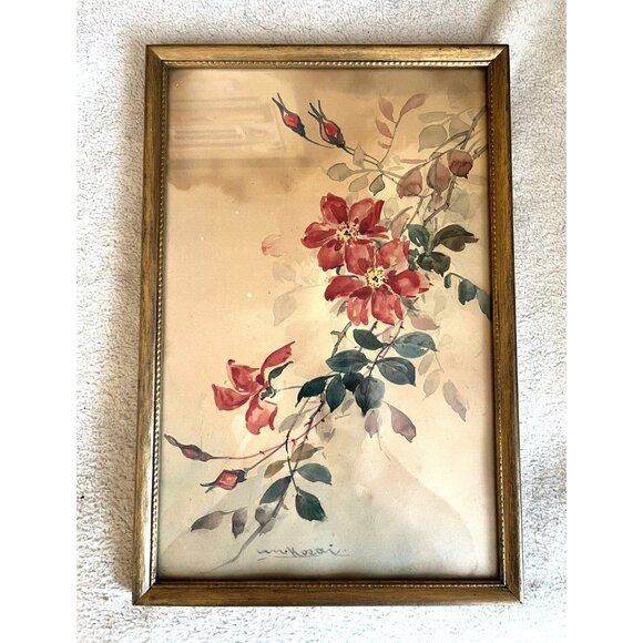 Antique Signed Asian Floral Watercolor Painting Gold Tone Framed 13"x8-1/2"‎ - Picture 1 of 7